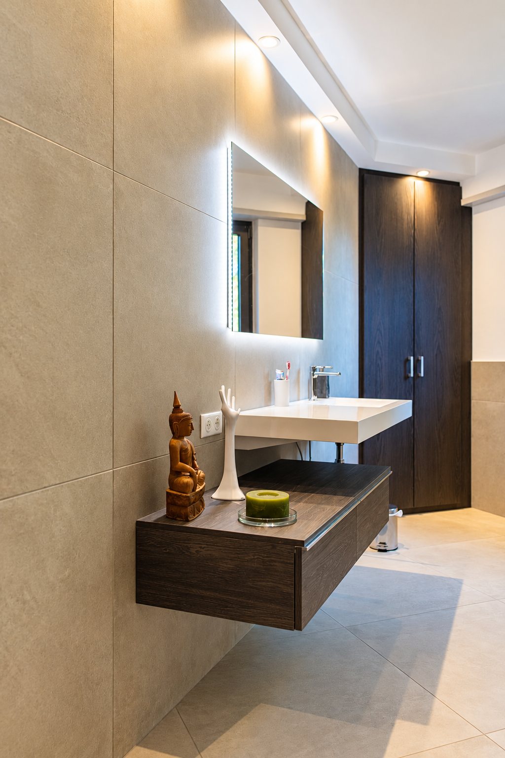 Réalisation KPAG, salle de bain moderne avec meuble suspendu en bois sombre et miroir lumineux